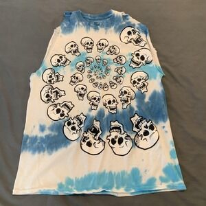 Liquid Blue Shirt Mens Large Blue White Skull Spiral Tie Dye Cutoff Sleeveless